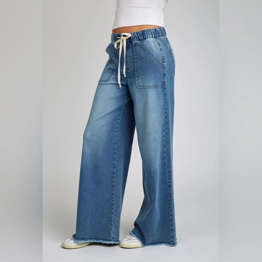 NWT Relaxed Wide Leg comfy Jean Pant drawstring elastic waist Junior Large - Picture 3 of 7